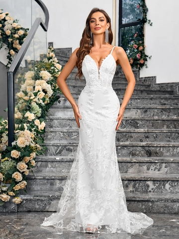 Women Sexy Deep V-Neck Sleeveless White Lace Floral Embroidery Fishtail Trailing Wedding Dress Evening Banquet Party Long Gown
