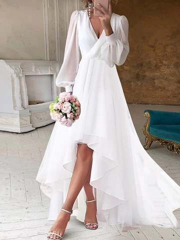 Damen Elegant Weiß V-Ausschnitt Langarm Maxikleid Vorne Kurz Hinten Lang Netz Chiffon Schichten Kleid Für Hochzeit Party Abend Bankett