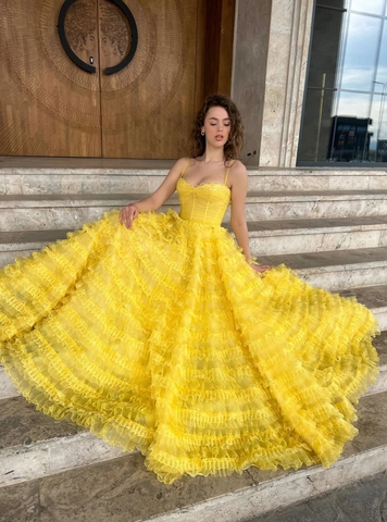 Elegante Abito da Sera in Rete Giallo a Strati per Donna Abito Maxi Senza Maniche con Volant e Pizzo Multistrato per Matrimonio Festa