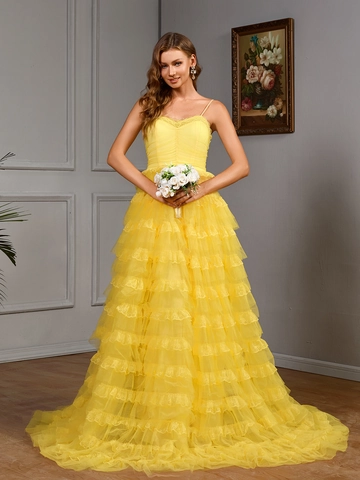 Elegante Abito da Sera in Rete Giallo a Strati per Donna Abito Maxi Senza Maniche con Volant e Pizzo Multistrato per Matrimonio Festa