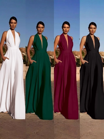 Combinaison Femme Élégante en Satin Dos Nu Col en V Profond Taille Haute Pantalon Large pour Soirée Mariage