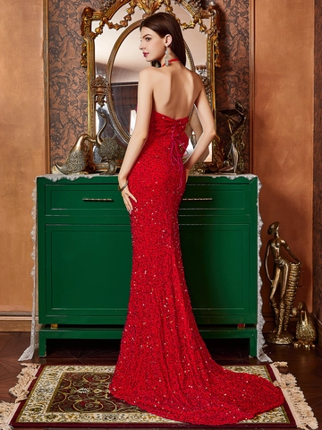 Elegante Abito da Sera Rosso con Paillettes all'Americana per Donna Sexy Schiena Scoperta Spacco Alto Fishtail Maxi Gown per Festa Banchetto Matrimonio
