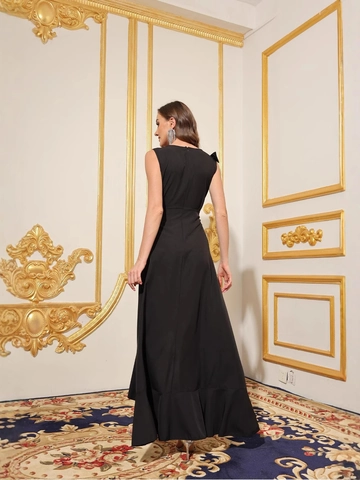 Women Elegant Sleeveless Deep V Neck Maxi Dress Solid Color High Low Ruffle Hem Tie Waist Party Evening Wedding Long Dress