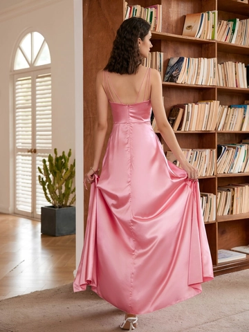 Elegantes Satin Trägerkleid Maxi Eckiger Ausschnitt Hoher Schlitz Sexy Rückenfrei Abendparty Bankett Formelles Langes Kleid