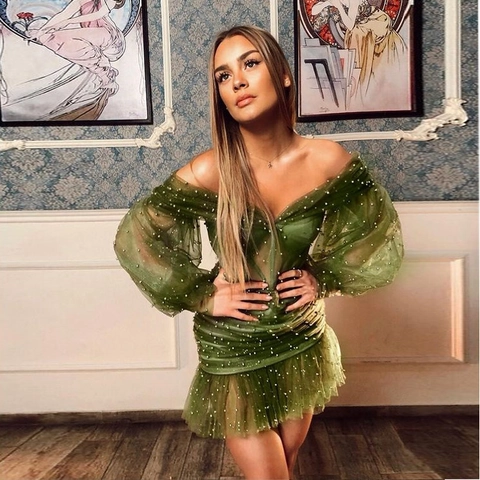 Sexy Off-Shoulder Mesh Patchwork Mini Dress With Artificial Pearl Beaded Detail Elegant Long Puff Sleeve Bodycon Party Dress For Women