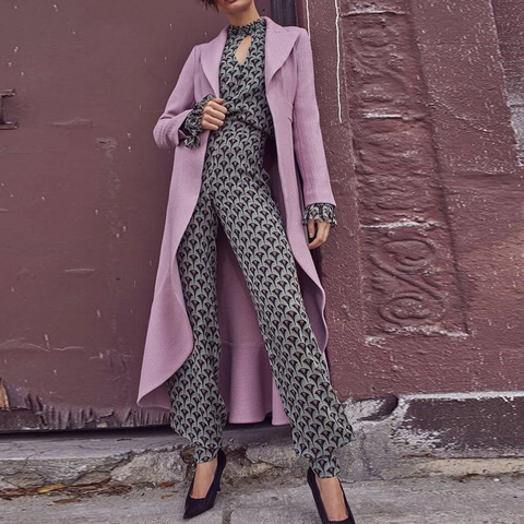 Dames Mode Bedrukte Lange Mouw Jumpsuit Opstaande Kraag Sleutelgat Uitsparing Geometrisch Patroon Casual Rechte Pijp Jumpsuit