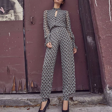 Dames Mode Bedrukte Lange Mouw Jumpsuit Opstaande Kraag Sleutelgat Uitsparing Geometrisch Patroon Casual Rechte Pijp Jumpsuit