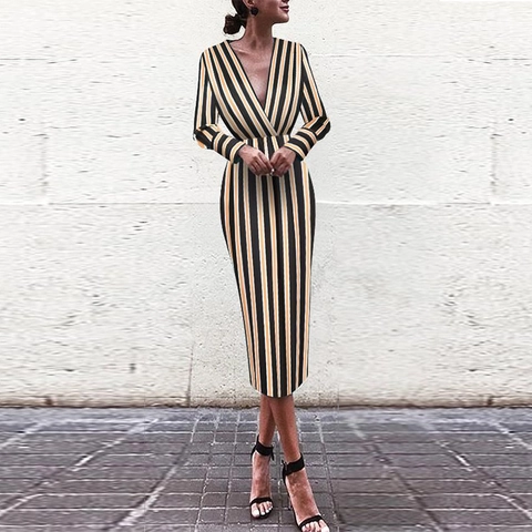Dames Gestreepte Jurk Diepe V-hals Lange Mouw Midi Jurk Slim Fit Bodycon Avondfeest Clubwear Kokerjurk Werk