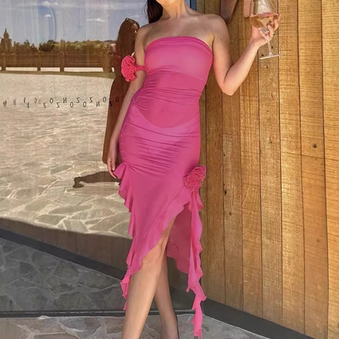 Sexy Buis-top Bodycon Midi Jurk Met 3D Bloem Geraffelde Ruffle Zoom Split Frambozenroze Slim Fit Feest Vrouwen Jurk