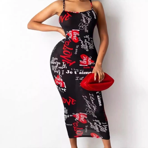 Dames Sexy Halter Rugvrij Bodycon Midijurk Hart Letter Print Schaakbord Mouwloos Slim Fit Feestjurk