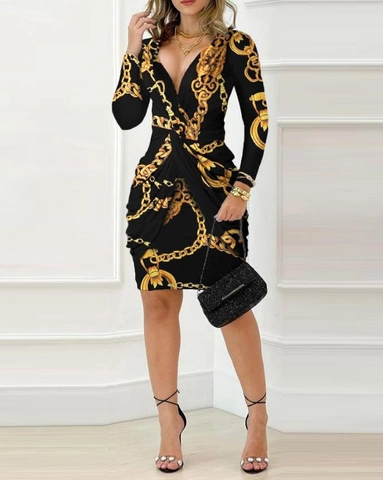 Women Sexy V-Neck Long Sleeve Bodycon Mini Dress Baroque Gold Chain Printed Polyester Party Night Out Club Dress