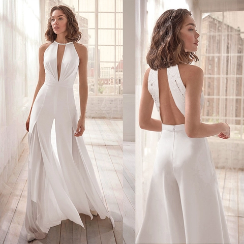 Dames Elegante Diepe V-hals Halter Rugloos Jumpsuit Sexy Kant Borduurwerk Wijde Pijpen Lange Romper Voor Bruiloft Avondfeest