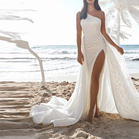 Dames Wit Eén Schouder Lovertjes Avondjurk Elegant Mesh Lang Bruiloft Feestjurk Met Vloerlengte Sleep