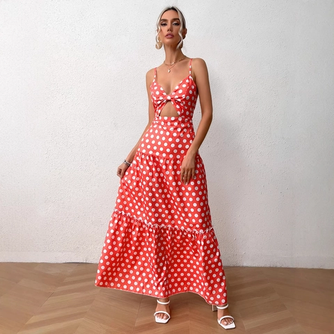 Robe Longue Boho Rouge à Pois pour Femme Bretelles Spaghetti Col en V Ajouré Nœud Papillon Ourlet à Volants Étagés Vacances d'Été