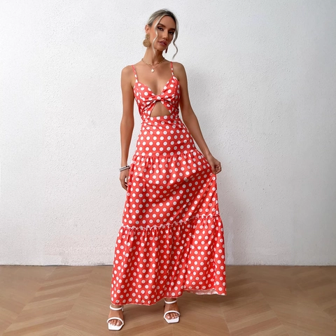 Robe Longue Boho Rouge à Pois pour Femme Bretelles Spaghetti Col en V Ajouré Nœud Papillon Ourlet à Volants Étagés Vacances d'Été