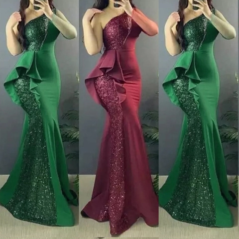Robe Maxi Sirène à Paillettes à Une Épaule Élégante pour Femmes avec Volants Robe de Soirée Moulante Fête Mariage Robe Formelle