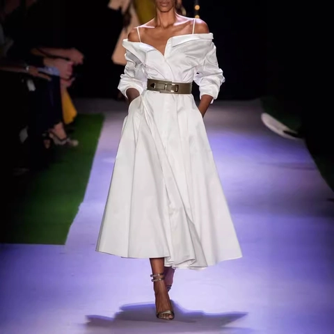 Vestido Midi Blanco Elegante para Mujer Hombros Descubiertos Manga Larga Fiesta Noche Ceremonia Color Sólido Línea A