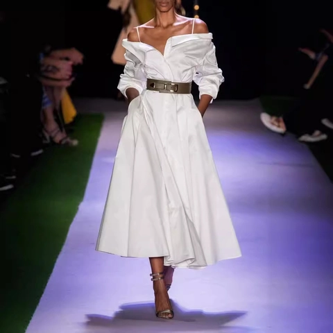 Vestido Midi Blanco Elegante para Mujer Hombros Descubiertos Manga Larga Fiesta Noche Ceremonia Color Sólido Línea A