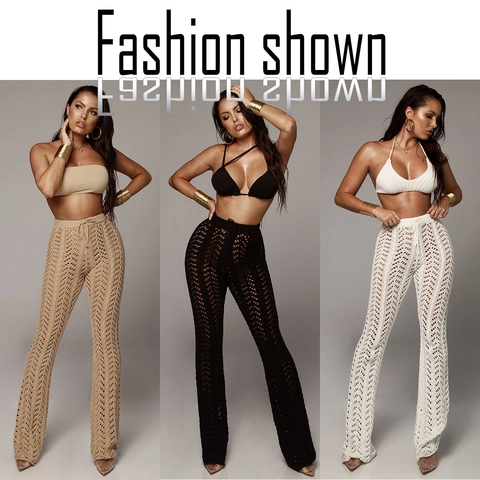 Pantaloni Donna Sexy All'Uncinetto in Maglia Traforata Vita Alta Copricostume Mare Pantaloni Bohemien Vacanza Coulisse Lunghi