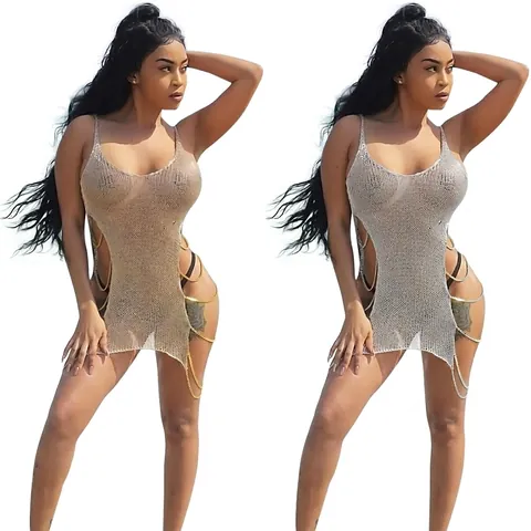 Abito Mini Sexy da Donna con Catena a Rete Metallica Intagliata Copricostume Trasparente per Vacanza Party Clubwear