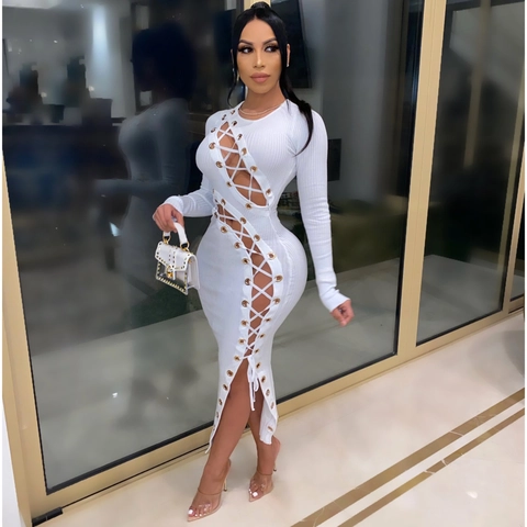 Abito Maxi da Donna Sexy con Lacci Incrociati Svuotati a Maniche Lunghe in Maglia a Costine Vestibilità Slim Aderente da Club Party