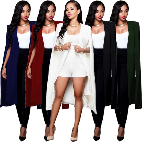 Dames Elegante Lange Cape Blazer Open Voorzijde Mouwloos Gespleten Mouw Crêpe Jas Effen Kleur Mode Kantoor Bovenkleding Jas