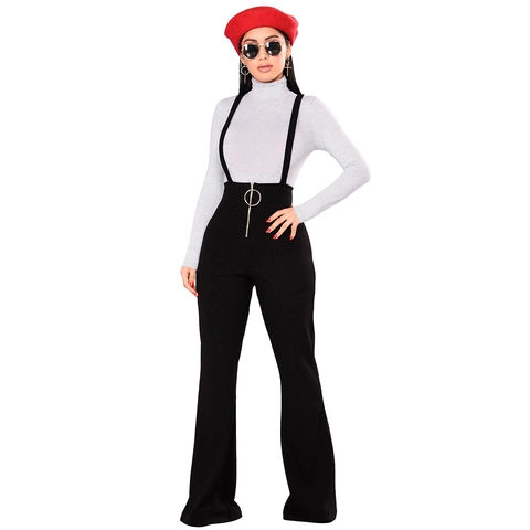 Women High Waist Suspender Jumpsuit Vintage Flare Leg Overalls Front Zipper Ring Puller Solid Color One Piece Outfit