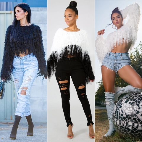 Dames Casual Shaggy Kwastje Gebreide Trui Pullover Lange Mouw Ronde Hals Cropped Faux Nertsenhaar Katoenmix Zacht Warm Winter Herfst Top
