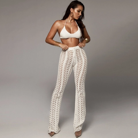 Pantaloni Donna Sexy All'Uncinetto in Maglia Traforata Vita Alta Copricostume Mare Pantaloni Bohemien Vacanza Coulisse Lunghi