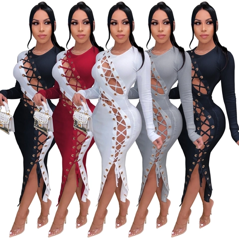Abito Maxi da Donna Sexy con Lacci Incrociati Svuotati a Maniche Lunghe in Maglia a Costine Vestibilità Slim Aderente da Club Party