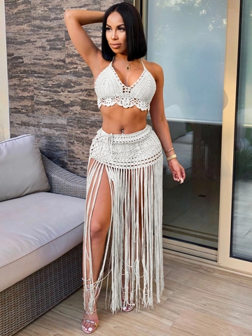 Women's Sexy Crochet Halter Bra Top And Long Fringe Tassel Skirt Hollow Out Bohemian Beachwear Summer Vacation Knitted Outfit