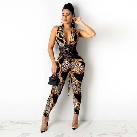 Damen Sexy Leoparden Kettenmuster Ärmelloser Jumpsuit Mit Tiefem V-Ausschnitt Mesh Patchwork Taille Schnürung Slim Fit Romper