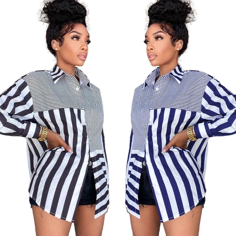 Blusa Patchwork a Rayas para Mujer Casual de Manga Larga con Cuello Camisero Camisa Holgada con Botones
