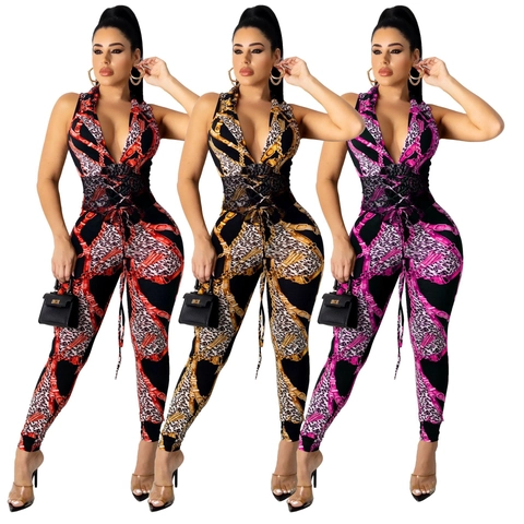 Damen Sexy Leoparden Kettenmuster Ärmelloser Jumpsuit Mit Tiefem V-Ausschnitt Mesh Patchwork Taille Schnürung Slim Fit Romper