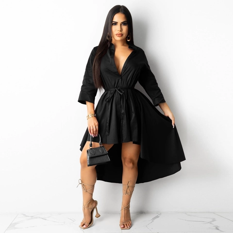 Vestido Camisero Casual de Poliéster para Mujer Dobladillo Alto-Bajo Manga Larga Abotonadura Sencilla Color Sólido Vestido Maxi