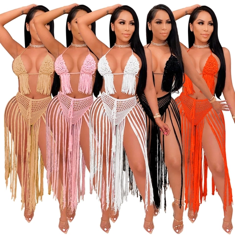 Women Sexy Crochet Tassel Beach Swimwear Halter Backless Hollow Out Top And Fringe Skirt Bohemian Holiday Knitwear