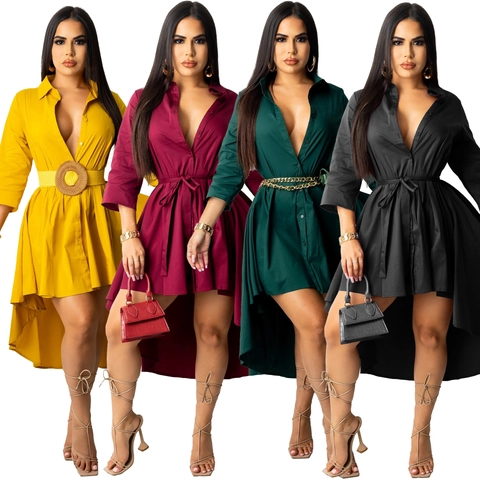 Vestido Camisero Casual de Poliéster para Mujer Dobladillo Alto-Bajo Manga Larga Abotonadura Sencilla Color Sólido Vestido Maxi