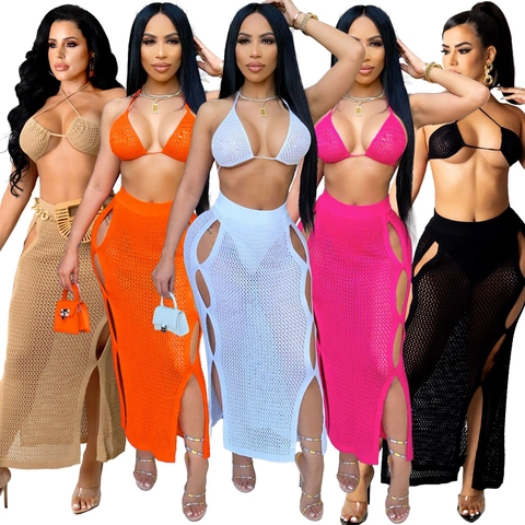 Sexy Completo Due Pezzi Donna Maglia Uncinetto Top Bikini Halter E Gonna Maxi Con Spacco Alto E Ritagli Laterali