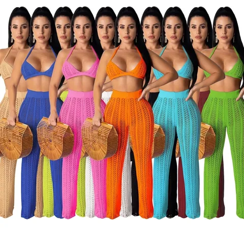 Set 2 Pezzi Sexy all'Uncinetto da Donna Top Bikini all'Americana e Pantaloni a Gamba Larga Traforati Outfit per Spiaggia
