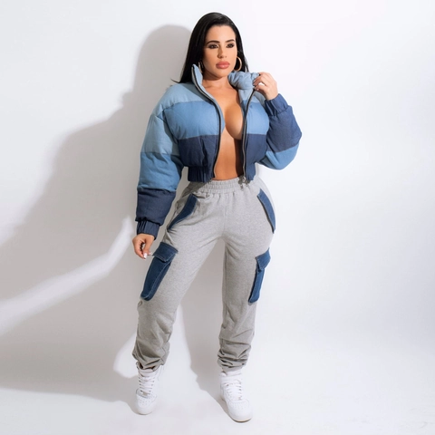 Conjuntos de Chaqueta Acolchada de Mezclilla de Patchwork de Bloques de Color para Mujer Y Pantalones Cargo Casual de Manga Larga