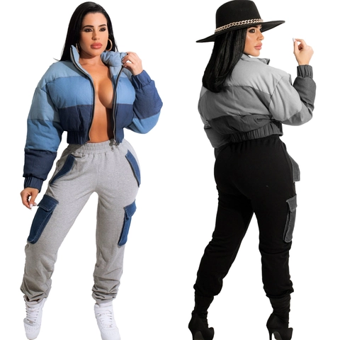 Conjuntos de Chaqueta Acolchada de Mezclilla de Patchwork de Bloques de Color para Mujer Y Pantalones Cargo Casual de Manga Larga