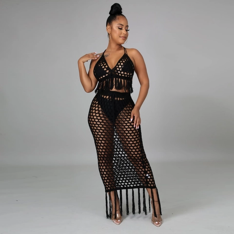 Damen Sexy Halterhals Crop Top Und Hohl Geschnittener Quastenrock Strand Bademode Cover Up Böhmisches Strickoutfit