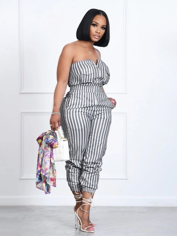 Damen Gestreifter Trägerloser Jumpsuit Gewebter Polyester Cargo-Tasche Front-Reißverschluss Elastische Taille Lässiger Sommer-Einteiler