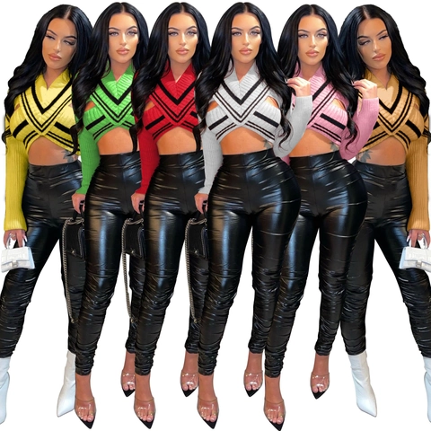 Sexy V-hals Cropped Gebreide Trui Gestreepte Lange Mouw Geribbelde Pullover Top Voor Vrouwen Casual Mode Gebreide Kleding