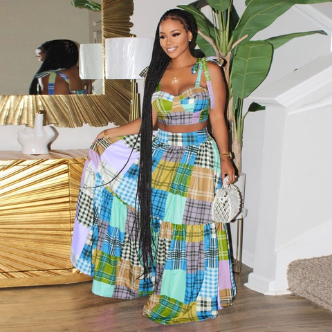 Women Bohemian Plaid Patchwork Top And Tiered Maxi Skirt Summer Vacation Casual Outfits Bohemian Multi Color Print Attire