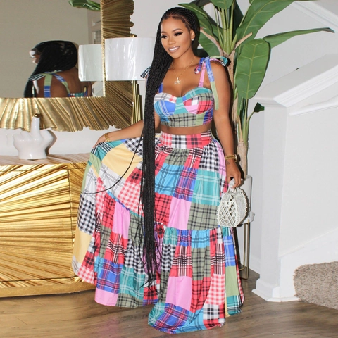 Women Bohemian Plaid Patchwork Top And Tiered Maxi Skirt Summer Vacation Casual Outfits Bohemian Multi Color Print Attire