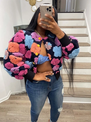 Vintage Damen 3D Blume Lockere Strickjacke Einreihig Puffärmel Wollmischung Kurzer Mantel Florale Oberbekleidung