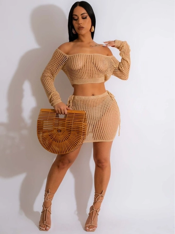 Damen Sexy Häkeln Ausschnitt Zweiteiler Schulterfrei Langarm Crop Top Und Minirock Strand Urlaub Outfits Rock-Set