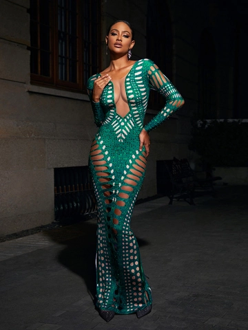 Sexy Cut Out Strass Langarm Maxi Kleid Damen Hohl Bodycon Abend Party Bodenlang Abendkleid Clubwear Kleid