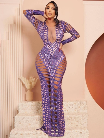 Sexy Cut Out Strass Langarm Maxi Kleid Damen Hohl Bodycon Abend Party Bodenlang Abendkleid Clubwear Kleid